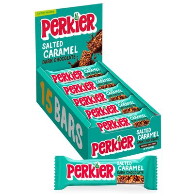 Perkier Salted Caramel & Dark Chocolate, 18 High Fibre Bars, 6 Flavours, Vegan, Gluten Free, Protein, Lower Sugar, Office Snacks, High Fibre Snack, Natural, Lower Calorie, Healthy Nut Bar