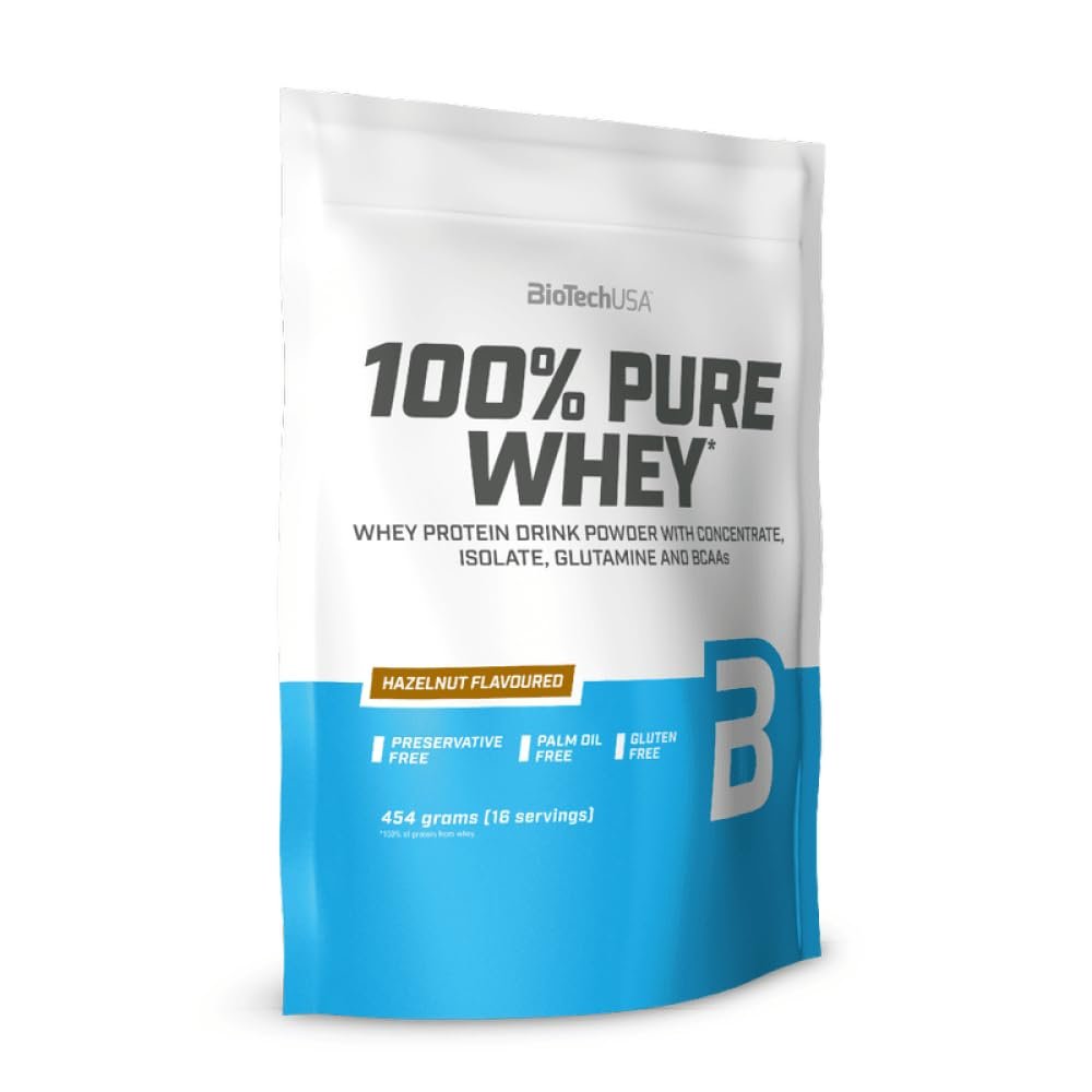 BioTechUSA 100% Pure Whey Molkenprotein-Komplex mit Bromelain-Enzymen, Aminosuren, ohne Zuckerzusatz, palmlfrei, 454g, Haselnuss
