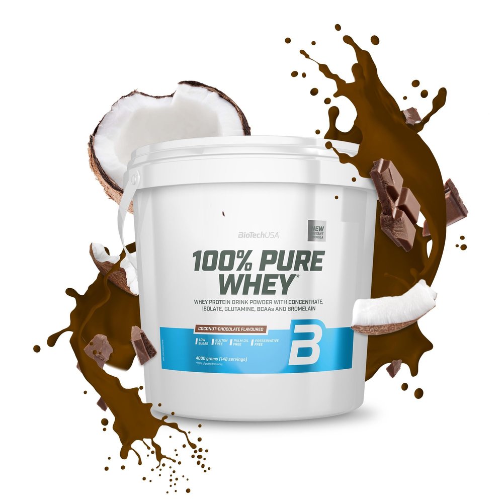 BioTechUSA 100% Pure Whey | Protein Powder with BCAA and Glutamine | Gluten-Free, Palm Oil Free | 21g Protein per Serving, 4 kg, Coconut-Chocolate