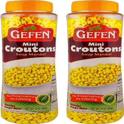 Gefen Mini Croutons Soup Mandel 400g (Pack of 2) Toasted Soup Crackers in a Resealable Container, No Preservatives, No Colouring, Certified Kosher