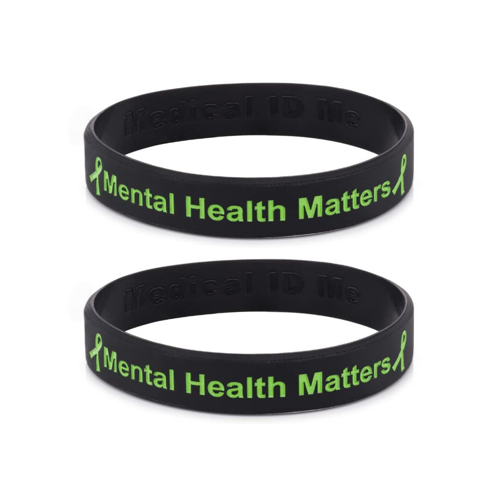 2 PACK Mental Health Matters Awareness Bracelet Motivational Men's Women's Mental Health MHA (Large 20cm, x2 Black)