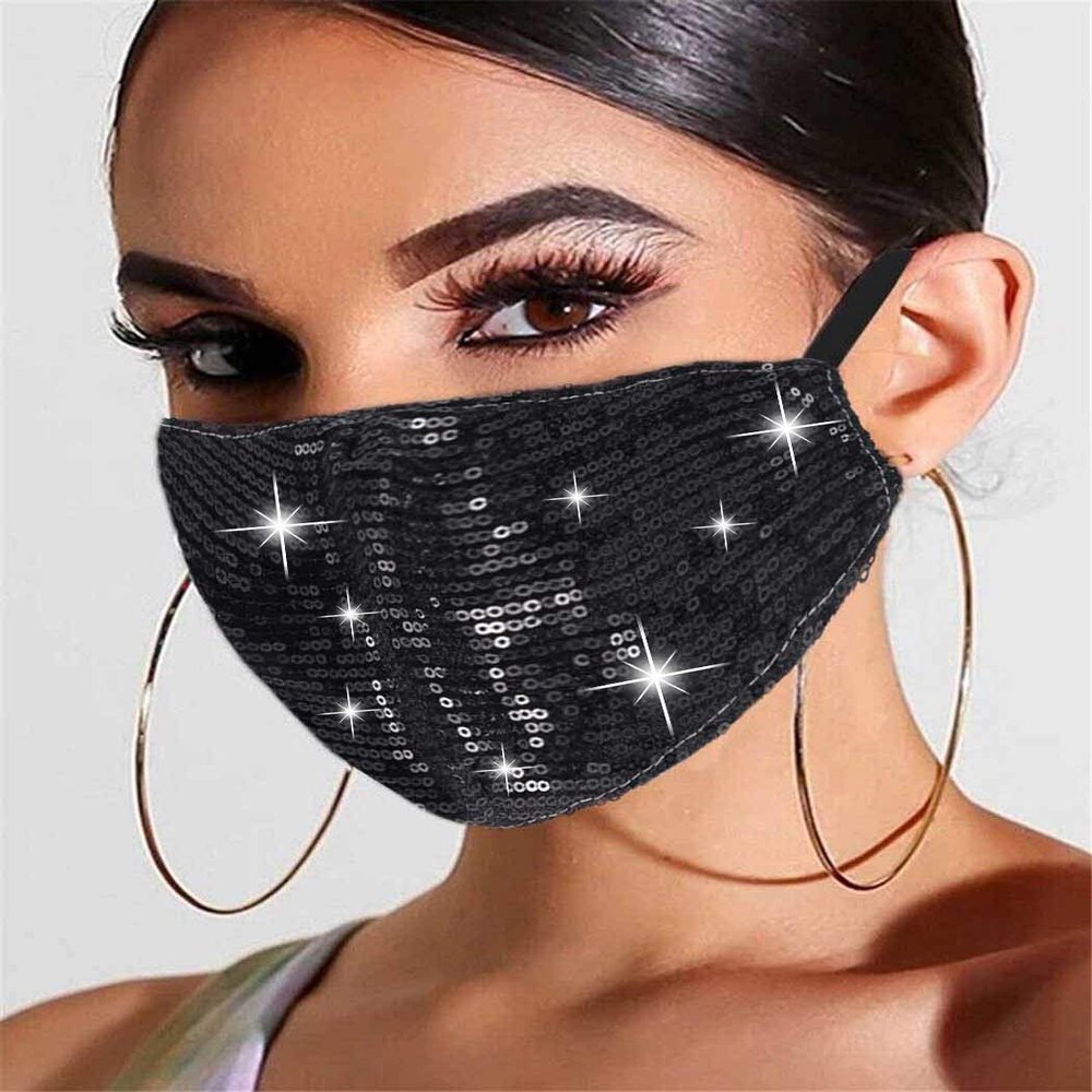 Edary Sparkly Sequins Mask Shiny Glitter Mouth Covers Masquerade Clubwear Halloween Face Masks Jewelry for Women and Girls (Black)