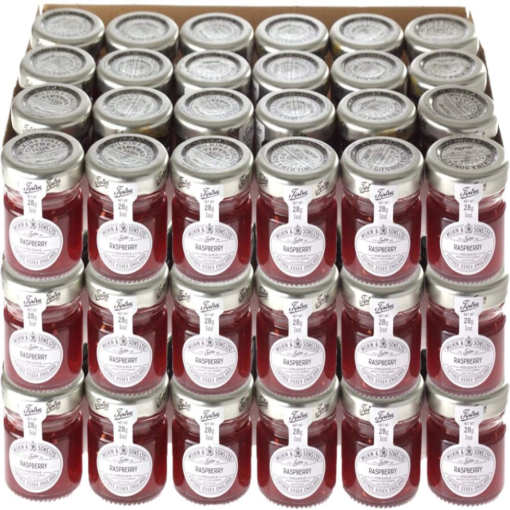 Wilkin & Sons Tiptree Raspberry Preserve Fruit Spread / 72 pack of 28g Mini Glass Jar Portion Pots / Vegan, Vegetarian, Coeliac, Kosher friendly / Gluten-Free / Made in the UK