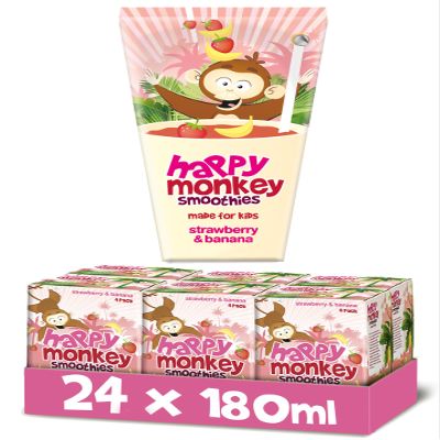 Happy Monkey Smoothies (Strawberry & Banana 24 x 180ml), 100% pure fruit smoothies, no added sugar, 1 of your 5-a-day, full of Vitamin C and potassium, ready to drink.