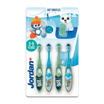 Jordan  | Step 2 Toothbrush for Children | Toothbrush for Ages 3 to 5 Years | Soft Bristles, Double Ergonomic Handle and BPA Free | Blue & Green Colour | Pack of 4