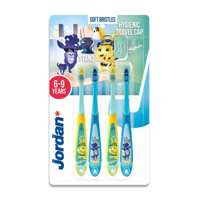 Jordan  | Step 3 Toothbrush for Children | Toothbrush for Ages 6 to 9 Years | Soft Bristles, Double Ergonomic Handle & BPA-Free | Blue & Yellow | Pack of 4