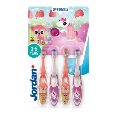 Jordan  | Step 2 Toothbrush Kids | Kids Toothbrush for Age 3-5 Years Old | Soft Bristles, Dual Ergonomic Handle & BPA Free | Pink & Yellow | Pack of 4
