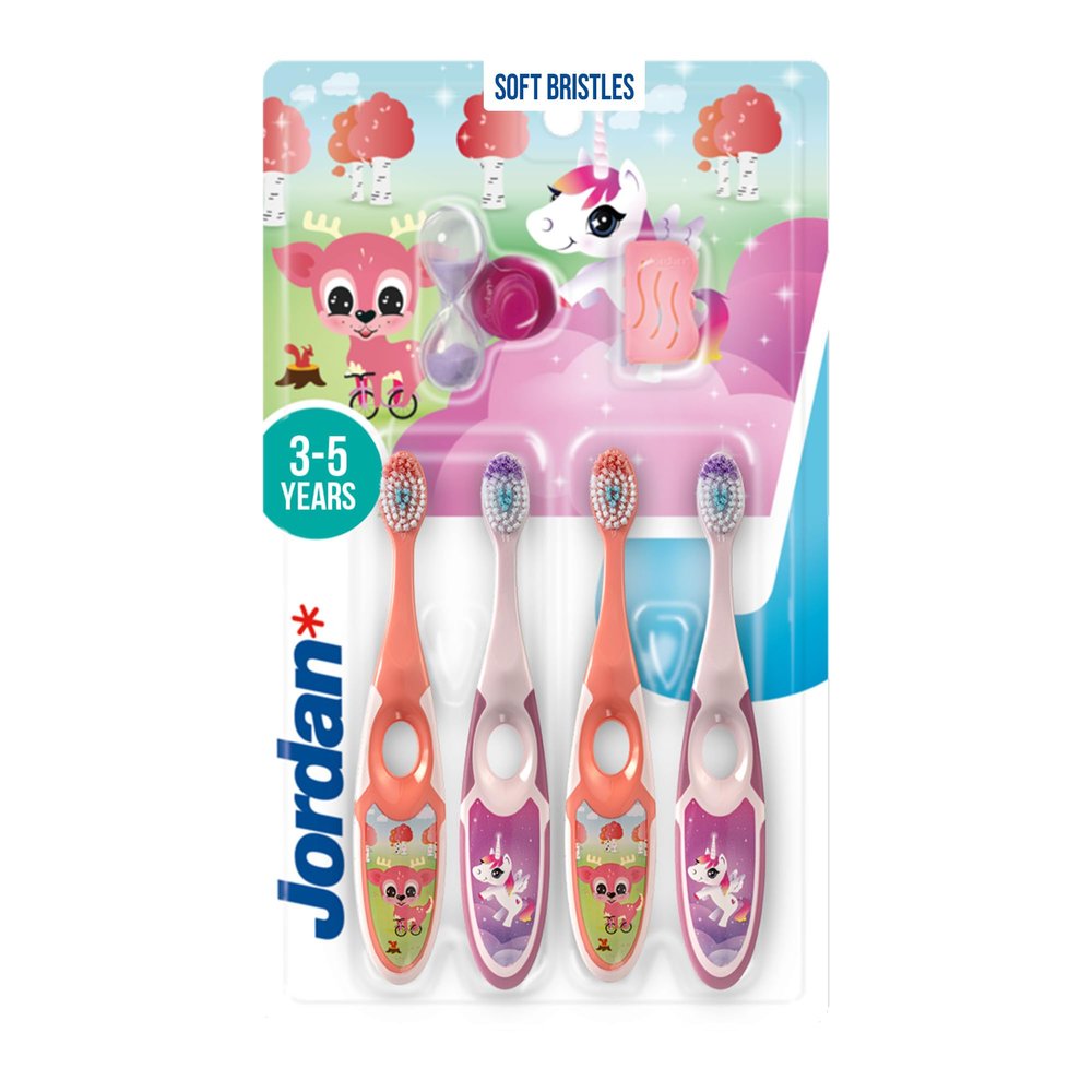 Jordan  | Step 2 Toothbrush Kids | Kids Toothbrush for Age 3-5 Years Old | Soft Bristles, Dual Ergonomic Handle & BPA Free | Pink & Yellow | Pack of 4