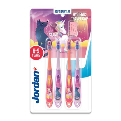 Jordan  | Step 3 Toothbrush for Children | Toothbrush for Ages 6 to 9 Years | Soft Bristles, Double Ergonomic Handle & BPA-Free | Pink | Pack of 4