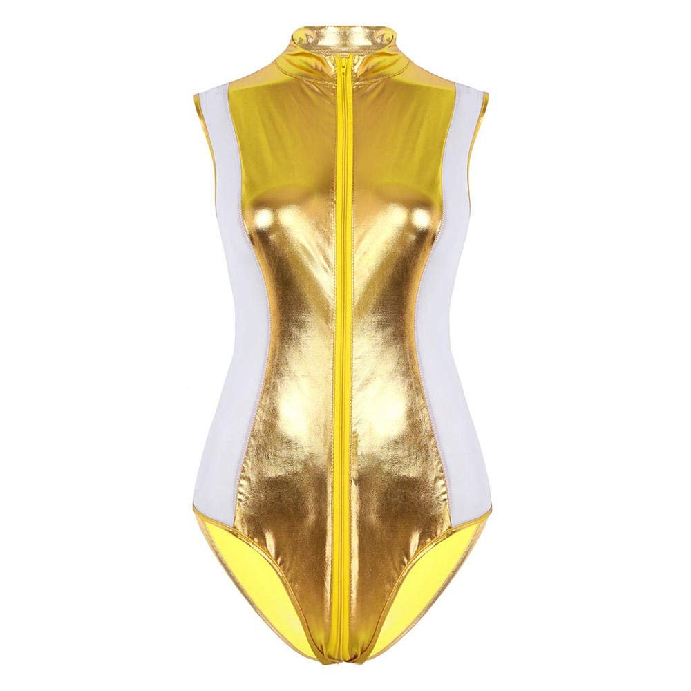 KHDFYER Valentine's Sexy Lingerie Temptation Pajama Women Clubwear Catsuit Zipper High Cut Thong Leotard Bodysuit for Night Costumes-Gold_M