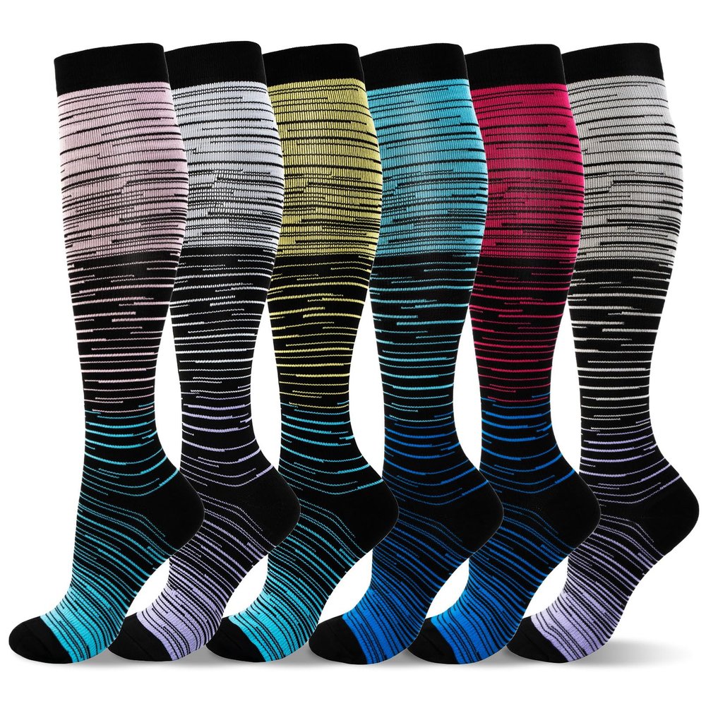 LEOSTEP 6 Pairs Compression Socks for Men & Women, Everyday Support for Travel, Work & Active Lifestyle, Comfortable Breathable Stockings Hiking Travel & Flight Socks