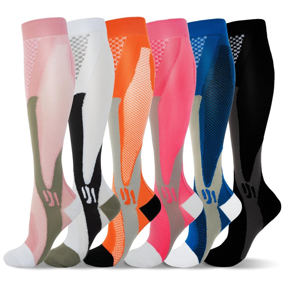 LEOSTEP 6 Pairs Compression Socks for Men & Women, Everyday Support for Travel, Work & Active Lifestyle, Comfortable Breathable Stockings Hiking Travel & Flight Socks