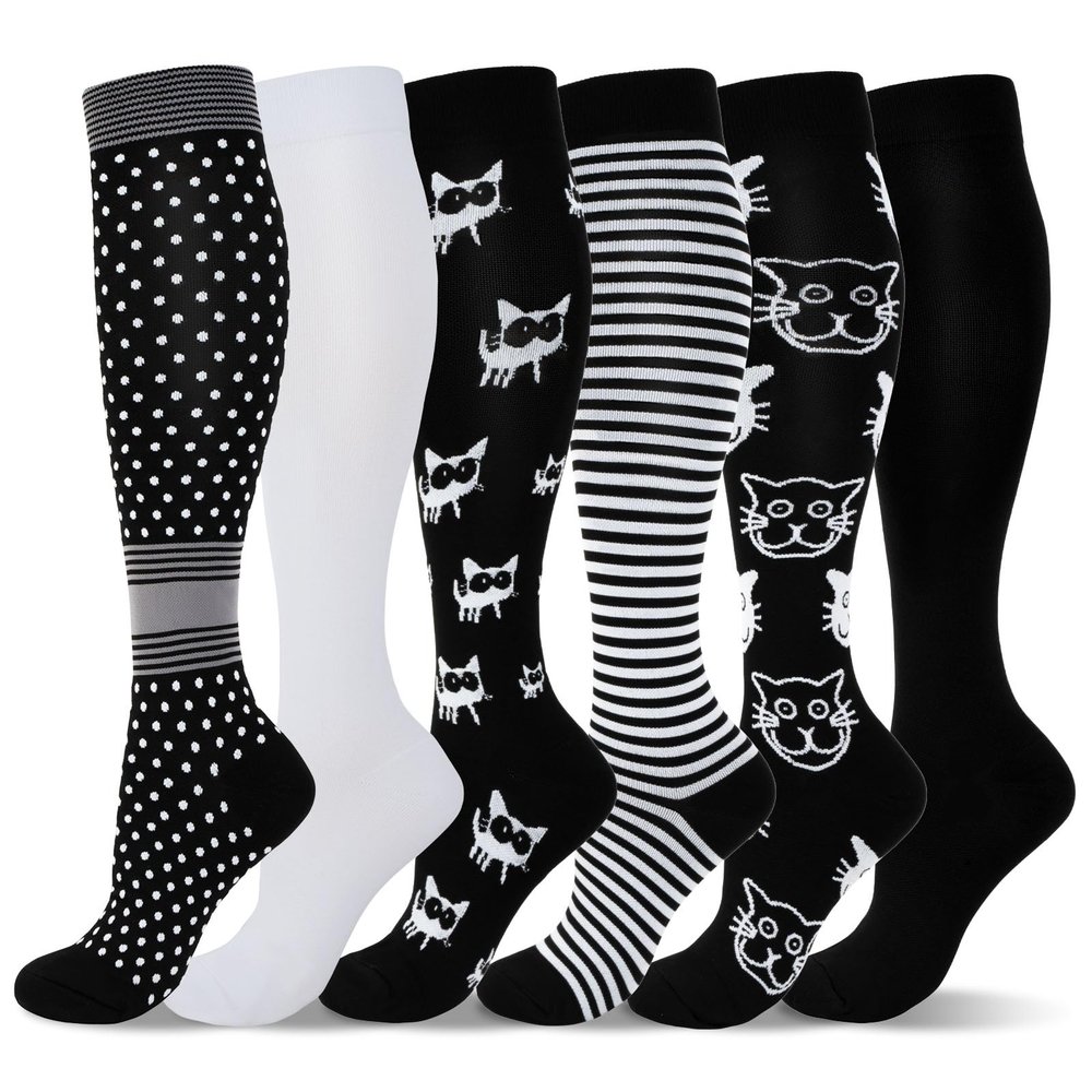 LEOSTEP 6 Pairs Compression Socks for Men & Women, Everyday Support for Travel, Work & Active Lifestyle, Comfortable Breathable Stockings Hiking Travel & Flight Socks