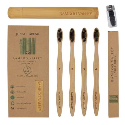 BAMBOO VALLEY Organic Bamboo Toothbrush 4 Pack | Dental Floss and Travel Case Gift Included | Natural Eco Friendly Toothbrushes | Vegan | Dental Gift Box | Plastic Free