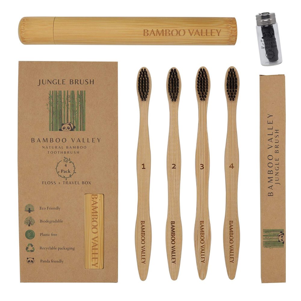 BAMBOO VALLEY Organic Bamboo Toothbrush 4 Pack | Dental Floss and Travel Case Gift Included | Natural Eco Friendly Toothbrushes | Vegan | Dental Gift Box | Plastic Free