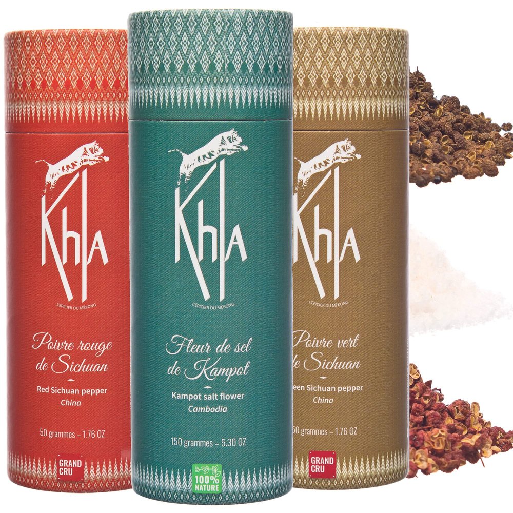Khla - Mekong Trio Gift Set - Sichuan Peppercorns & Kampot Sea Salt Flakes - Green Red Szechuan Timut Pepper - Fleur de Sel - Cooking Kitchen Spices Gifts - Origin China & Cambodia