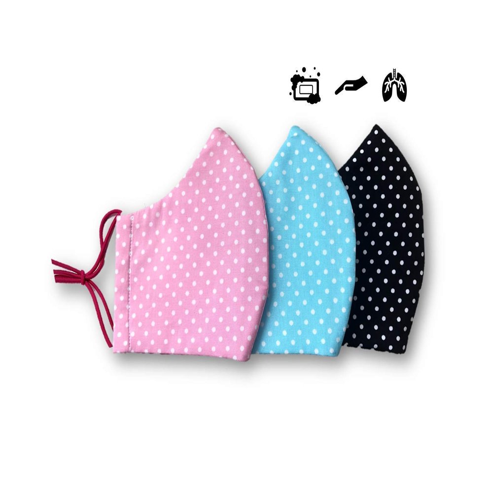 3 pack, of 100% Pure cotton Reusable, washable, handmade in the UK, polka dotted face masks.