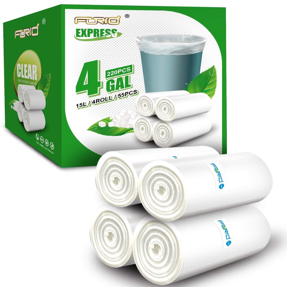 Clear Small Trash Bags 4 Gallon Garbage Bags FORID Wastebasket Bin Liners 220 Count Plastic Trash Bags for Bathroom Bedroom Office Trash Can 15 Liters