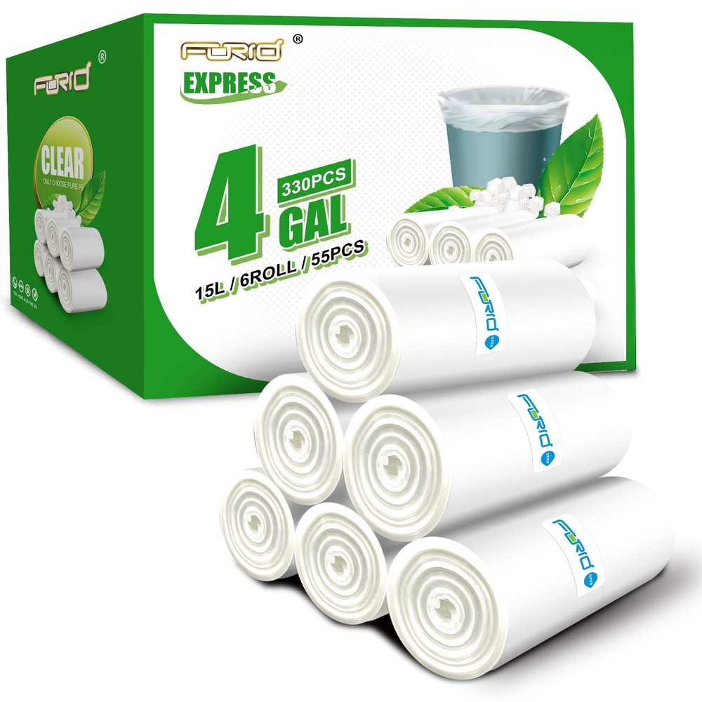 Clear Small Trash Bags - 4 Gallon Garbage Bags FORID Wastebasket Bin Liners 330 Count Plastic Trash Bags for Bathroom Bedroom Office Trash Can 15 Liters - Durable & Thick Trash Bag