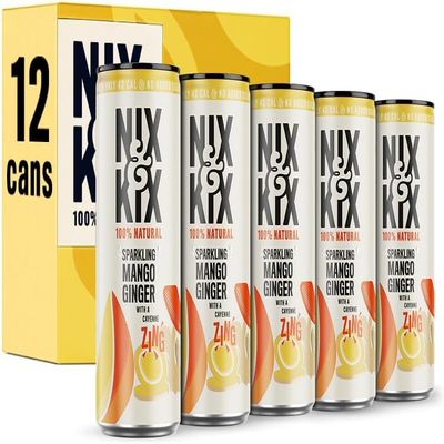 Nix & Kix | Mango & Ginger | 100% Natural Premium Sparkling Soft Drink | Low Calorie & Vegan Friendly | No Added Sugar Or Sweeteners | 250ml x 12 Pack