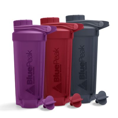 BluePeak Protein Shaker Bottle 28-Ounce, 3-Pack with Twist Cap. BPA Free, Shaker Balls Included (Purple, Red & Gray)
