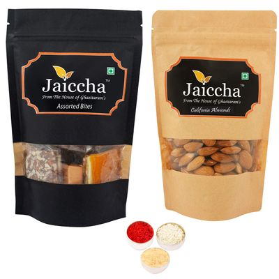 Jaiccha Ghasitaram Bhaidooj Gifts - Pack of 2 Assorted Bites and Almonds Pouches Big 400 GMS