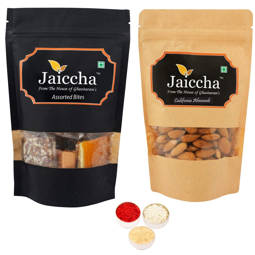 Jaiccha Ghasitaram Bhaidooj Gifts - Pack of 2 Assorted Bites and Almonds Pouches Big 400 GMS