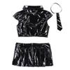 KHDFYER Sexy Lingerie Women Wetlook Lingerie Set for Costume Party Sexy Cap Mini Pleated Skirt and Necktie-Black_L view 4
