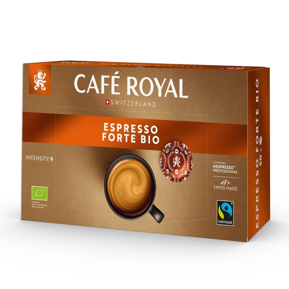 Caf Royal Professional Pads, Organic Espresso Forte, 50 Nespresso (R) Professional Compatible Pads for Office and Catering, Organic and Fairtrade Certified, Intensity 9