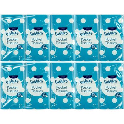 10 x Packs CUSHIES Ultra Soft Pocket Tissues 3 Ply New Embossed Strong White Makeup Beauty Home Care Travel Cleaning Fun Party Facial Clean Handy UK Free P&P