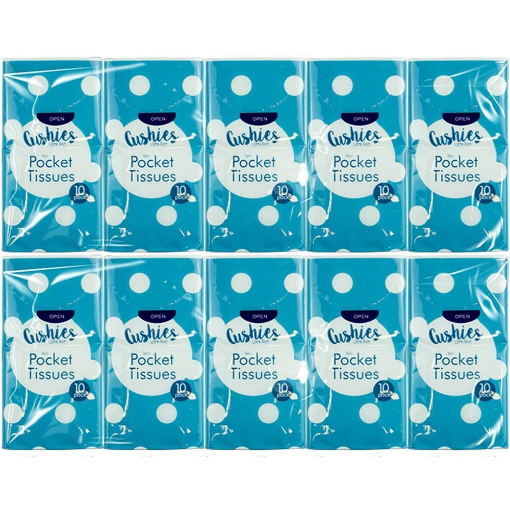 10 x Packs CUSHIES Ultra Soft Pocket Tissues 3 Ply New Embossed Strong White Makeup Beauty Home Care Travel Cleaning Fun Party Facial Clean Handy UK Free P&P