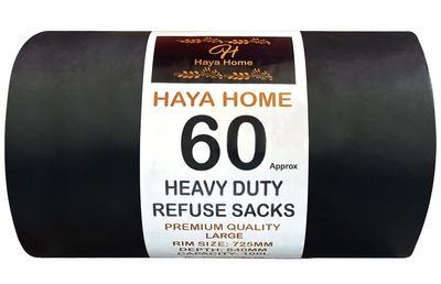 Haya Home 60 Black Plastic Bin Bags Heavy Duty Bin Liners, Refuse Sacks Heavy Duty Waste Dustbin Bags roll 100L for Kitchen Home Office DIY Garden Made from 100% Recycled Material