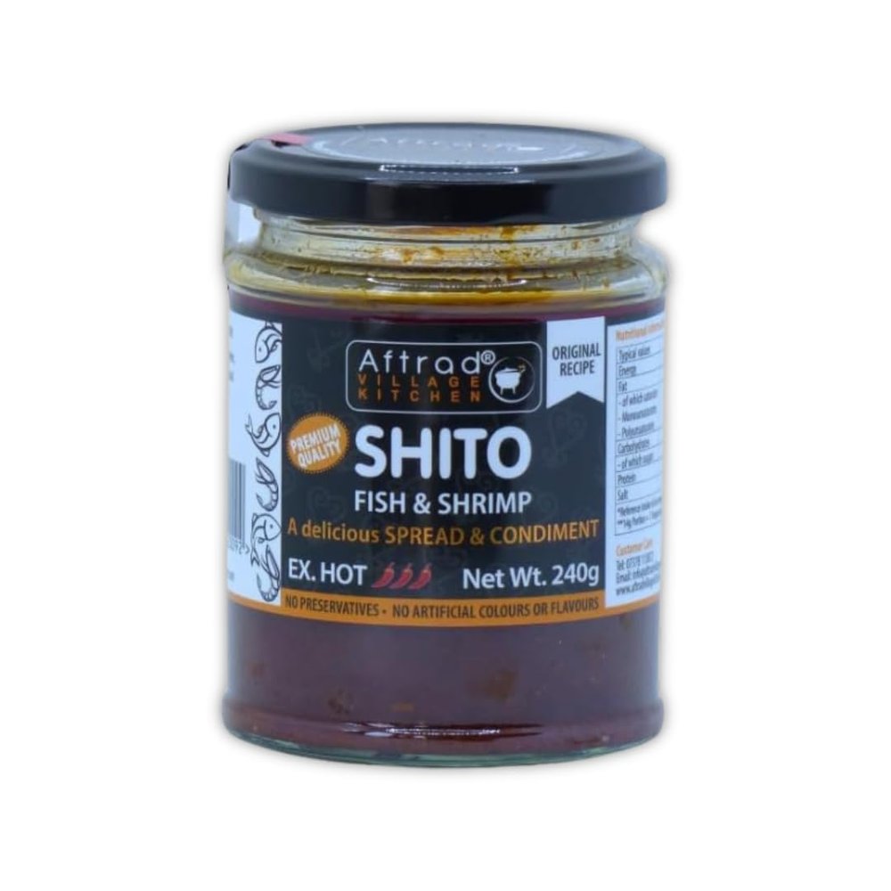 Aftrad Village Kitchen Shito - Authentic Ghanaian Chilli Sauce Made with Smoked Fish & Shrimps - Spicy Condiment for Cooking, Dips & Spreads - Traditional West African Flavour | (EXTRA HOT, 240g)