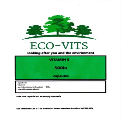 ECO-VITS Vitamin E 500IU 120 CAPS. Biodegradable Packaging. Sealed Pouch