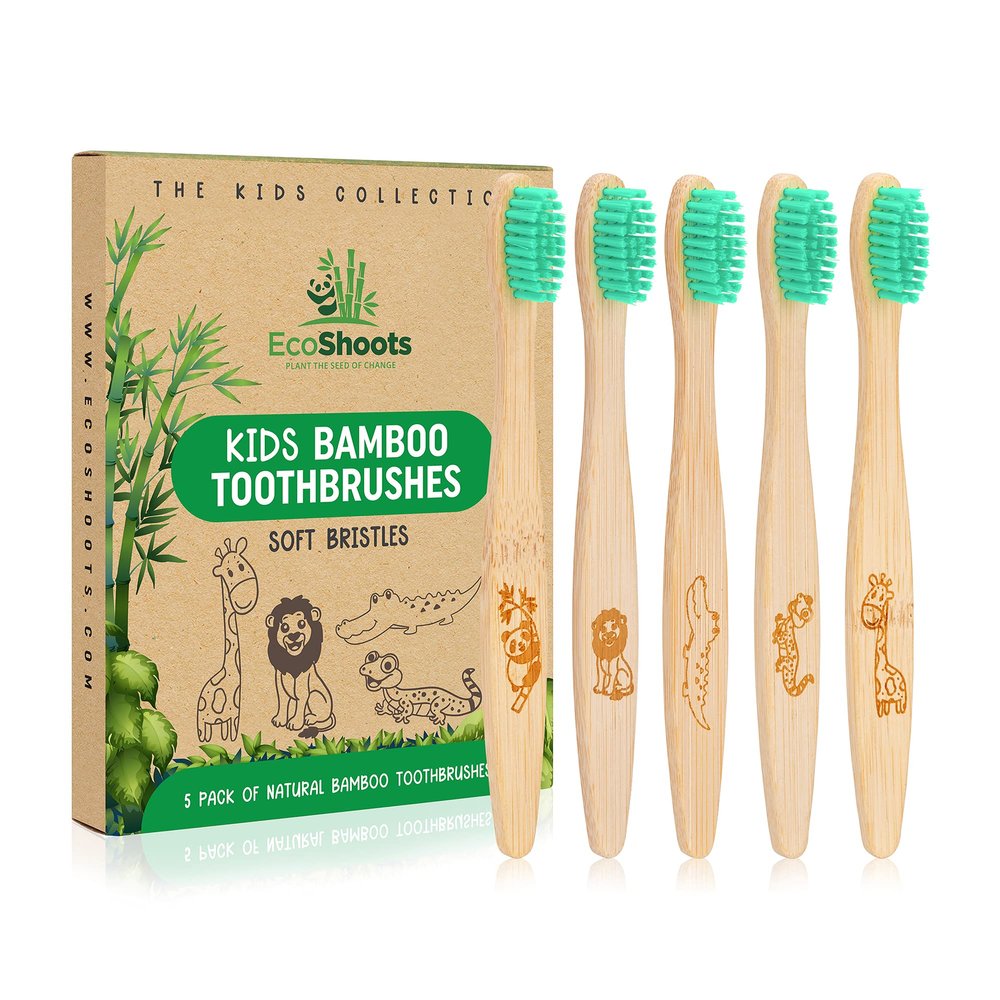 EcoShoots Kids Bamboo Toothbrushes with Super Soft Bristles | Pack of 5 Kids Toothbrushes | Eco-Friendly Natural Wooden Childrens Toothbrush | Organic Biodegradable Handle | BPA Free Kids Toothbrush