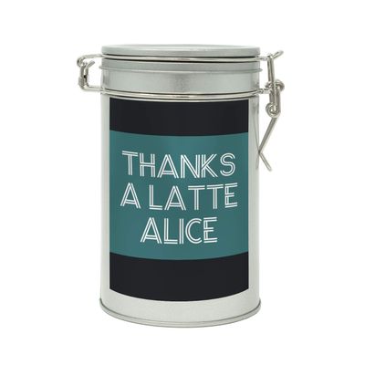 Sistir, Thanks A Latte Coffee Personalised Gift in A Tin. Novelty Thank You Gift for Coffee Lover. Choice of 10 Label Colours. 100% Arabica Grounds, Roasted and Packed in The UK. 150g