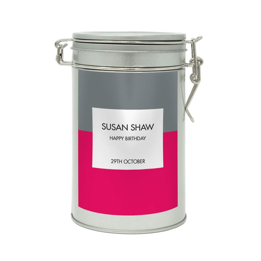Sistir, Birthday Coffee Personalised Gift in Tin. Perfect for Coffee Lovers. Choice of 9 Label Colours. 100% Arabica Grounds, Roasted and Packed in The UK. 150g