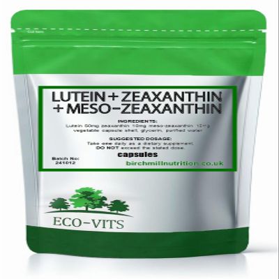ECO-VITS Lutein (50mg) Zeaxanthin (10mg) & Meso-Zeaxanthin (10mg) 120 Capsules, Recyclable Packaging, Sealed Pouch. Macular Pigment & Blue Light Defense, High Potency
