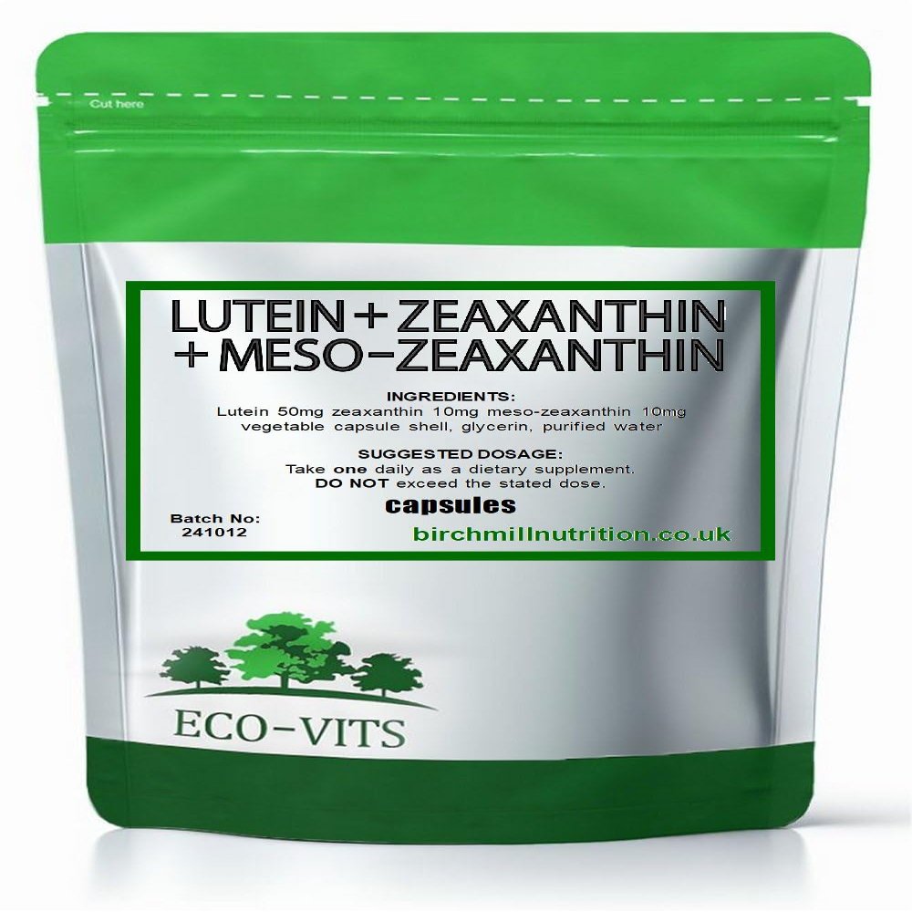 ECO-VITS Lutein (50mg) Zeaxanthin (10mg) & Meso-Zeaxanthin (10mg) 120 Capsules, Recyclable Packaging, Sealed Pouch. Macular Pigment & Blue Light Defense, High Potency