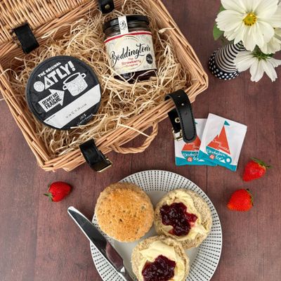 Devon Hampers Vegan Afternoon Tea Hamper for 2  Cream Tea Gift Set & Food Hamper Gifts for Women - Fresh Scones, Jam, Devonshire Tea Bags & Vegan Cream (Wicker Basket)