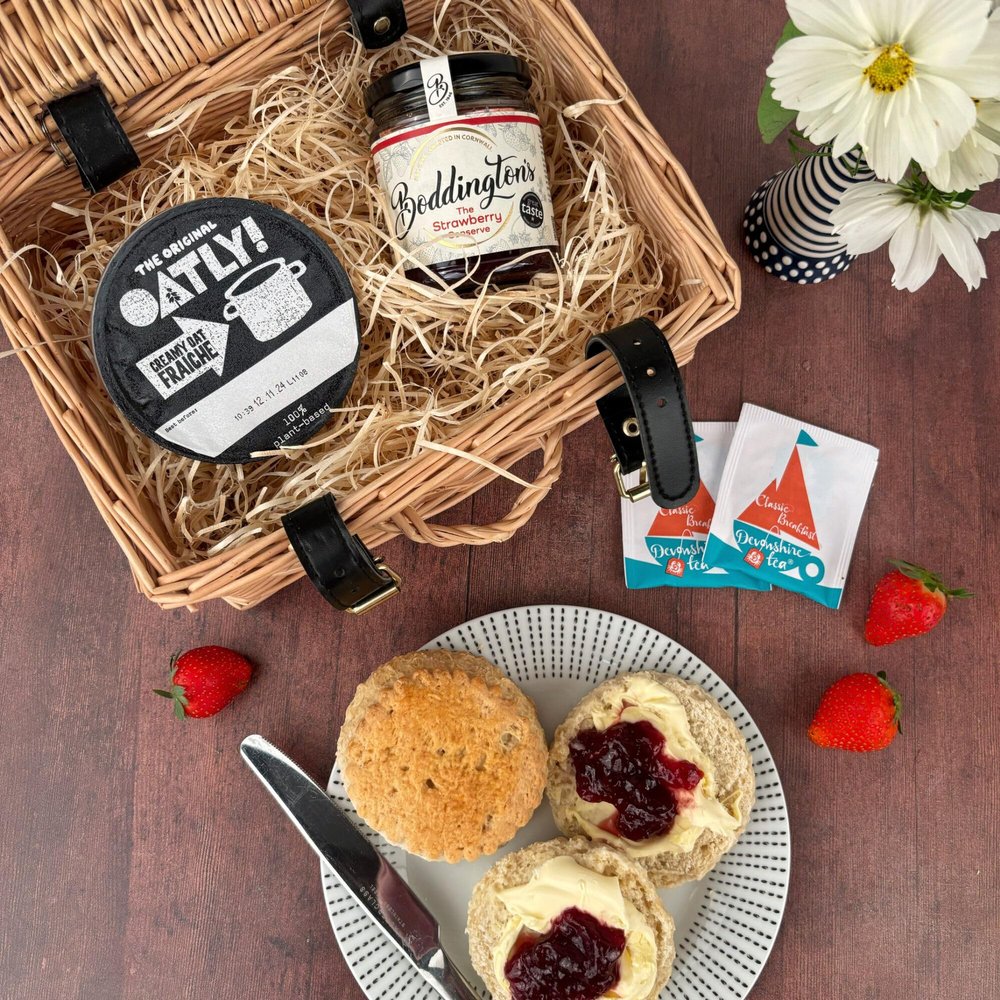 Devon Hampers Vegan Afternoon Tea Hamper for 2  Cream Tea Gift Set & Food Hamper Gifts for Women - Fresh Scones, Jam, Devonshire Tea Bags & Vegan Cream (Wicker Basket)