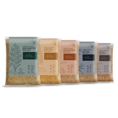 THE MILLET COMPANY 500G Unpolished Combo Pack Of 5, Browntop, Foxtail, Kodo, Barnyard, And Little Millet [2.5Kg Total], Natural Farm Produce, High Fibre Millets 500 G (Pack Of 5)