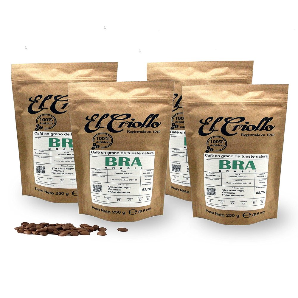 Brazilian Coffee BEANS - Cafs El Criollo | Origin: Cerrado Mineiro (Minas Gerais) | 100% Arabica and Natural Roasted Specialty Coffee | Pack of 4x250gr (1kg)
