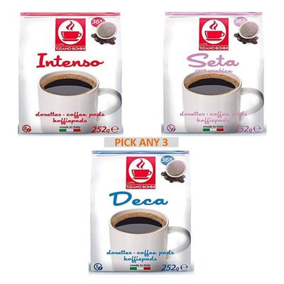 Bonini Coffee Pods, Senseo Compatible Pods. Pick Any 3 Packs (Each Pack 36 pods) from 3 Different Flavours Inc. Decaf, Intense, Seta (Total 108 Pods) - 100% Italian Coffee