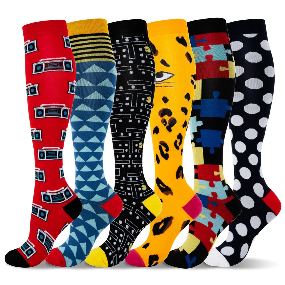 LEOSTEP 6 Pairs Compression Socks for Men & Women, Everyday Support for Travel, Work & Active Lifestyle, Comfortable Breathable Stockings Hiking Travel & Flight Socks