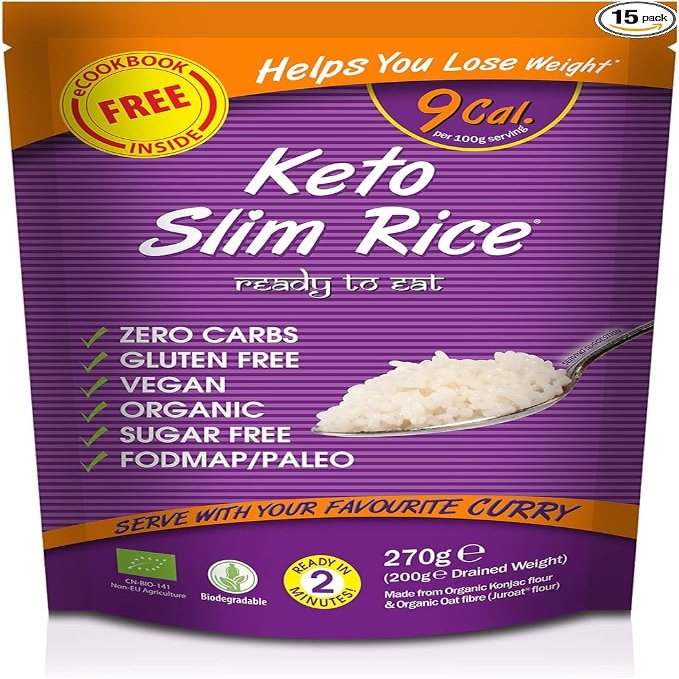 Eat Water Keto Slim Rice Instant Organic Konjac Rice, Zero Carb, Low Calorie, Gluten, Fat & Sugar Free, Ready to Eat, Vegan High Fibre Food for Paleo Diet Friendly 270g (Pack of 15)