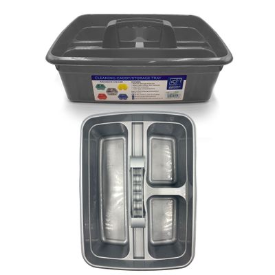 TDBS The Dustpan and Brush Store Cleaning Caddy with Handle Cleaners Caddy Organiser Carry Baskets for Cleaning Products (Silver)