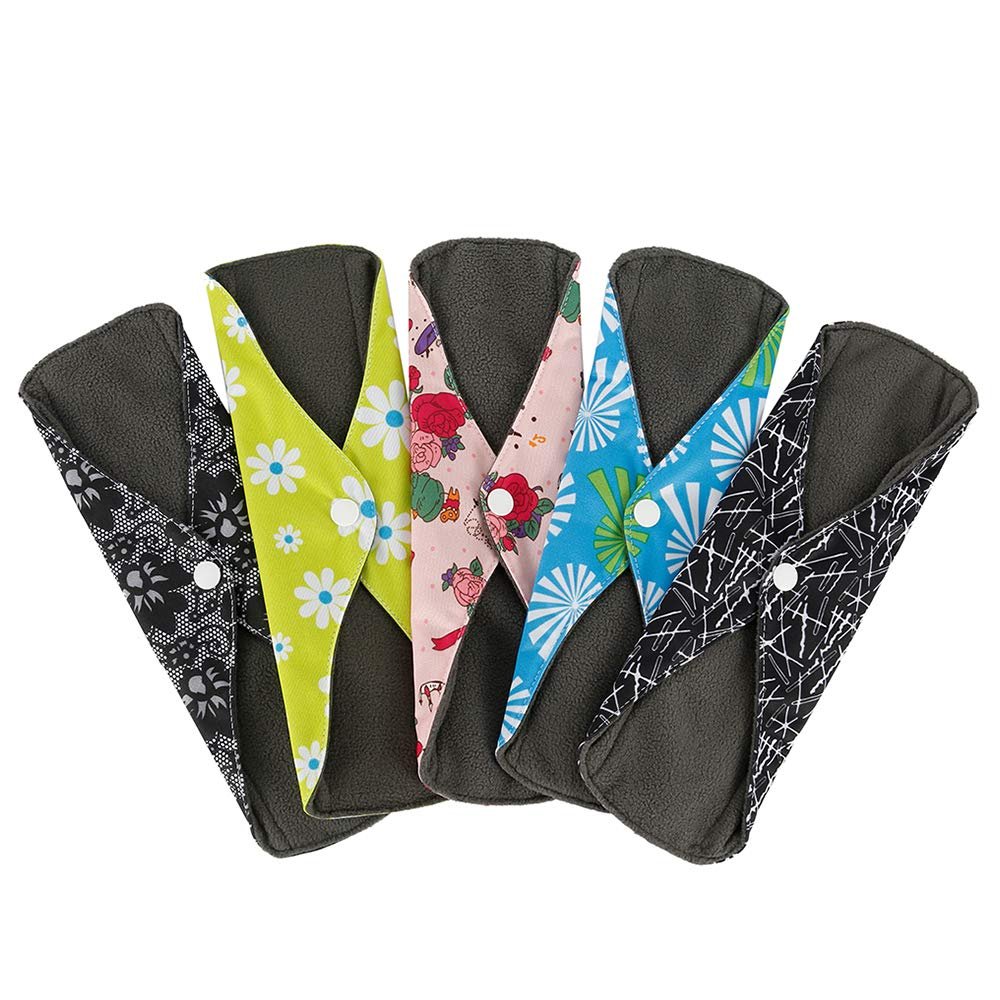 5 Pack Reusable Cloth Sanitary Towels with Bamboo Charcoal Washable Waterproof Menstrual Absorbent Pads for Medium,Heavy Flow Night Washable Cloth Menstrual Sanitary Towels