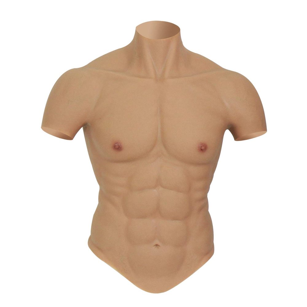 ROANYER Male Chest Silicone Muscle Suit Realistic Mens Silicone Chest Male Fake Muscle Belly For Cosplay Transgender, Tan, S