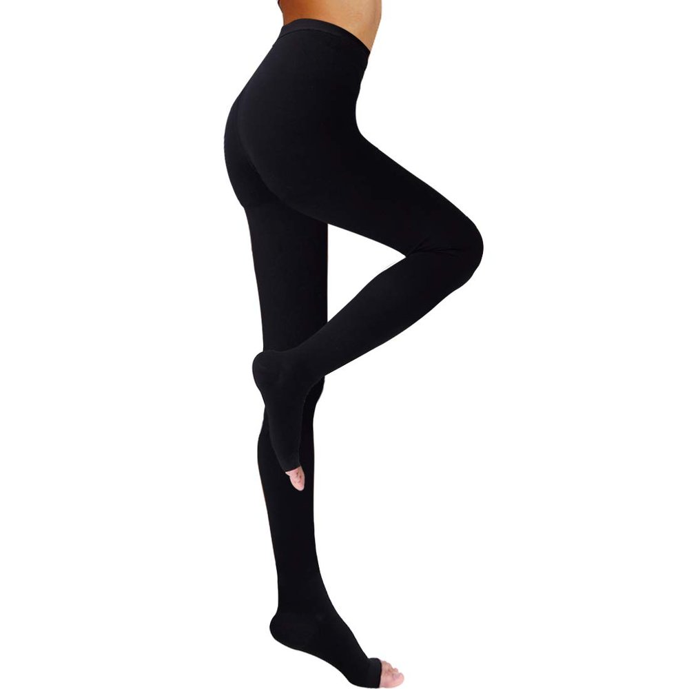 Medical Compression Pantyhose for Vericose Veins Edema Gradient Pressure, 20-30 mmHg Opaque Compression Stockings Graduated Support Hose for Women (Open Toe-Black, Large)